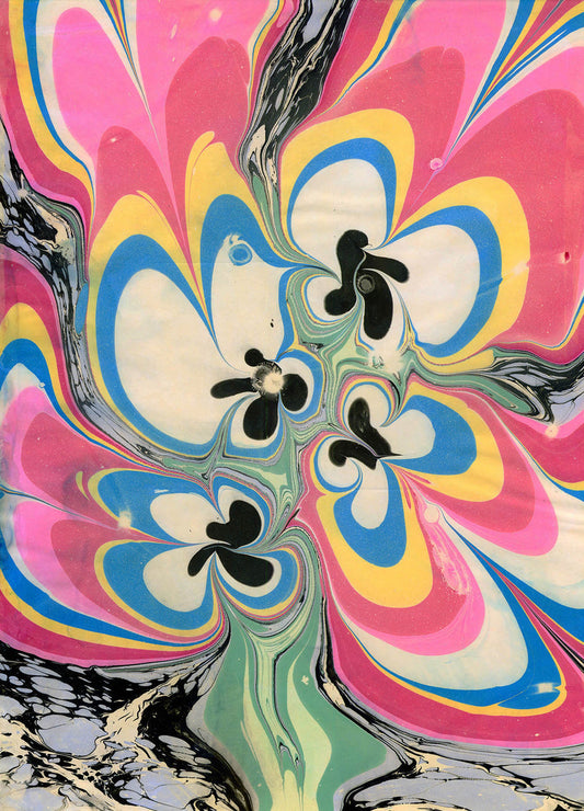 Colorful abstract design with swirling patterns on a pink background